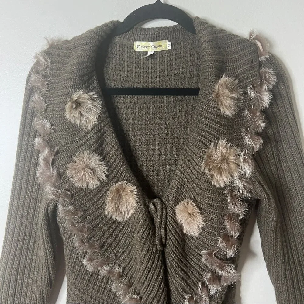 Moon River‎ Ribbed Knit Ruffle Olive Green Faux Fur Tie Front Cardigan Medium